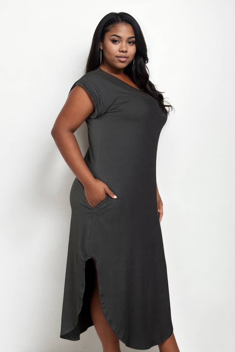 Plus Size Hidden Pocket Batwing Sleeve V Neck Long Dress: BLACK / 1X