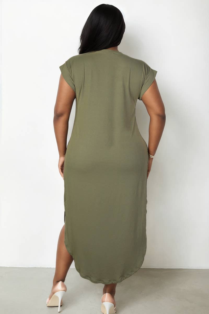 Plus Size Hidden Pocket Batwing Sleeve V Neck Long Dress: BLACK / 1X