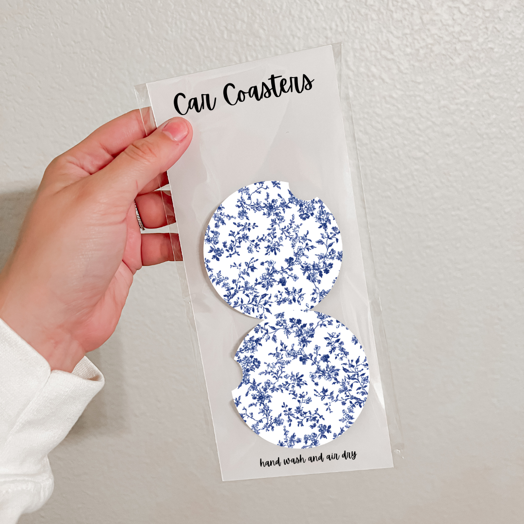 Set of 2 Neoprene Car Coasters | Blue Florals (20 Options)