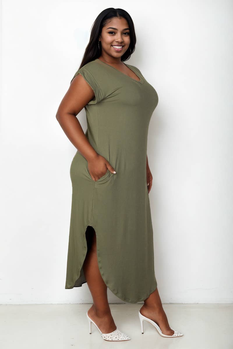 Plus Size Hidden Pocket Batwing Sleeve V Neck Long Dress: BLACK / 1X