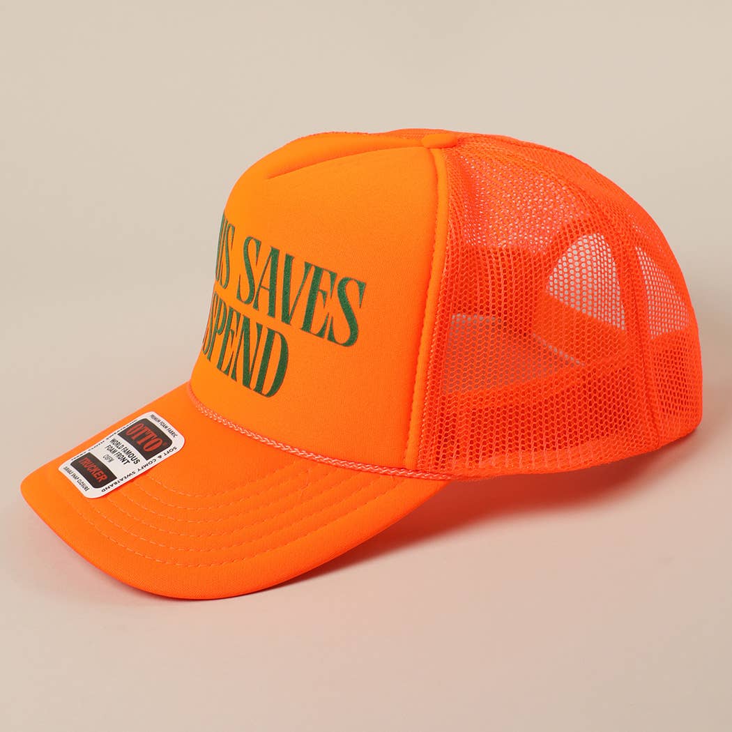 JESUS SAVES I SPEND Text Mesh Back Trucker Hat