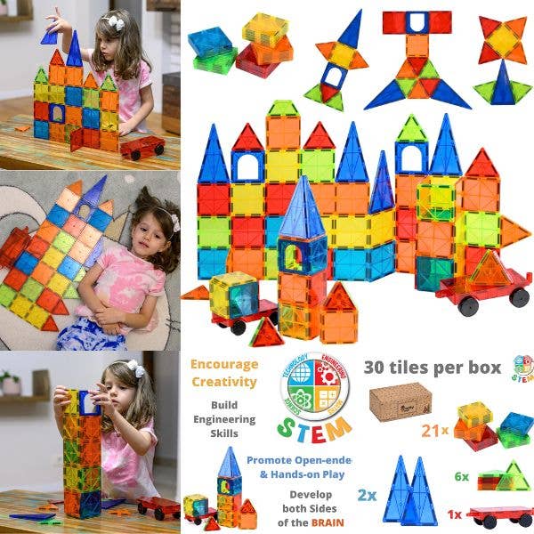 Nutty Toys - 30Pack Magnetic Tiles - Build Your Imagination