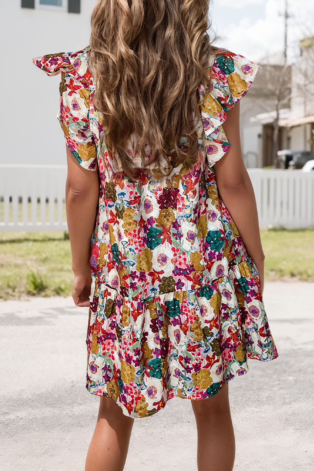 Floral Print Split Neck Flutter Sleeve Dress (S-XL)