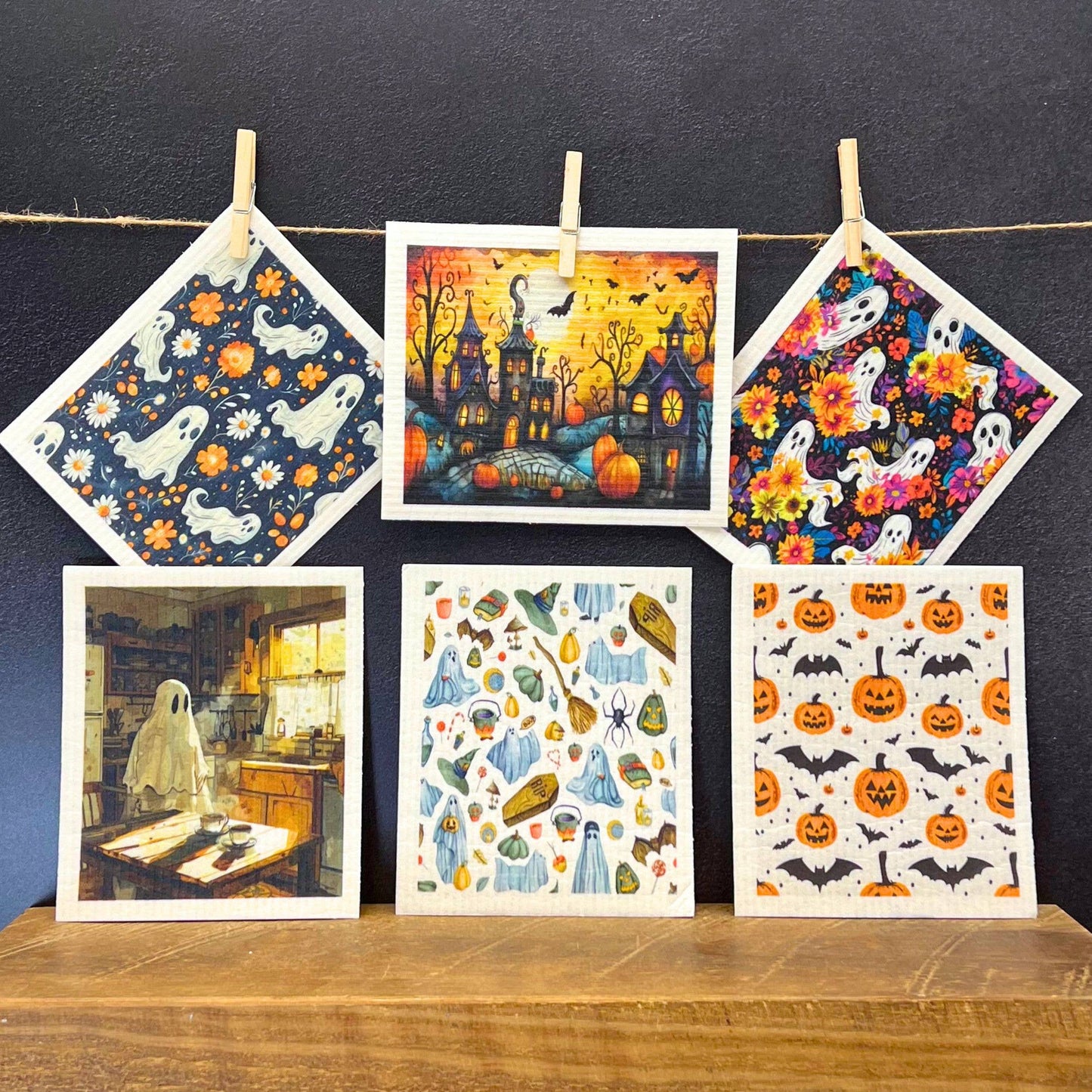 Groovy Flowers Halloween Ghosts Swedish Dishcloth Fall Decor