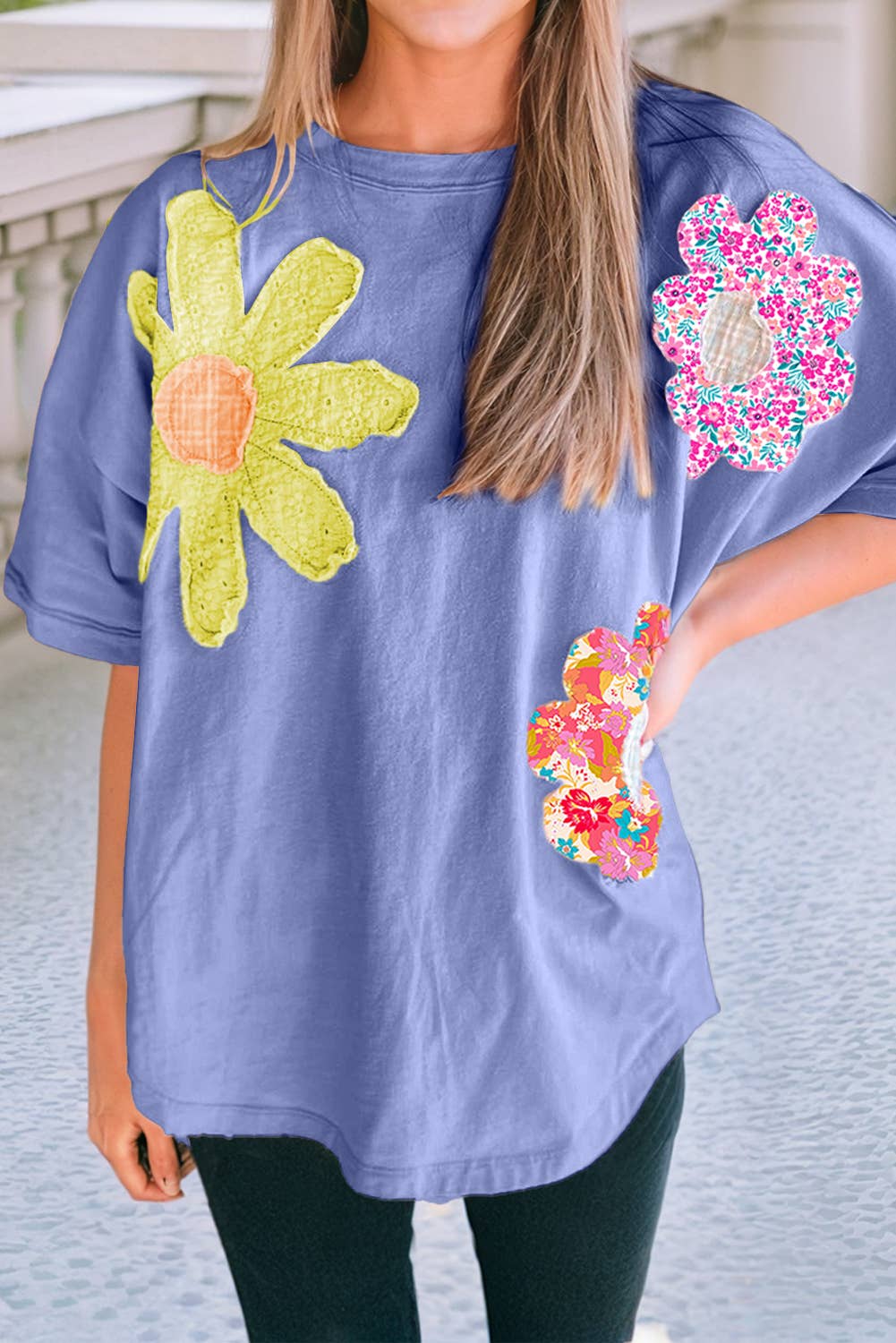 LDC Flower Patched Exposed Trim Crew Neck Loose Tee