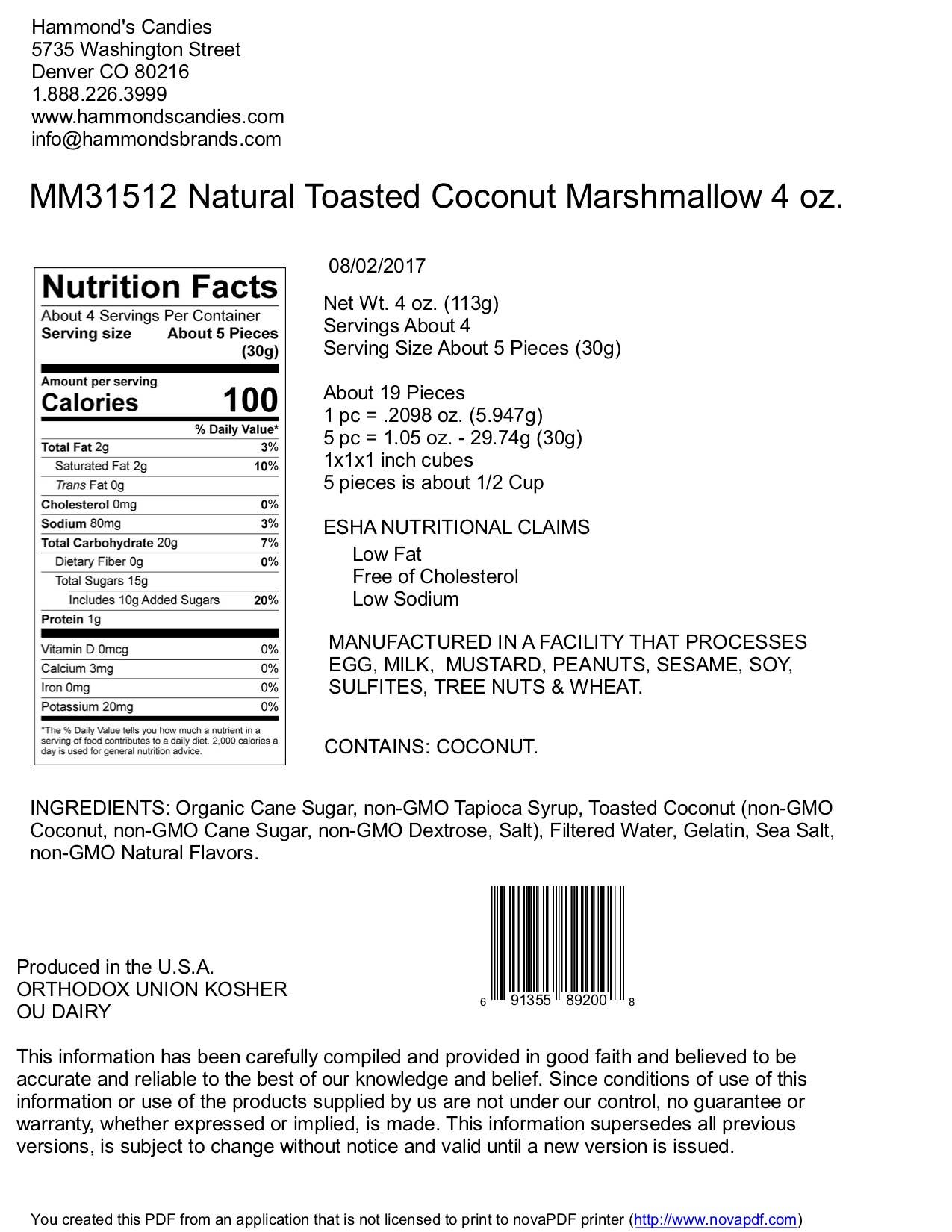 Handmade All-Natural Marshmallows - Toasted Coconut -4oz Bag