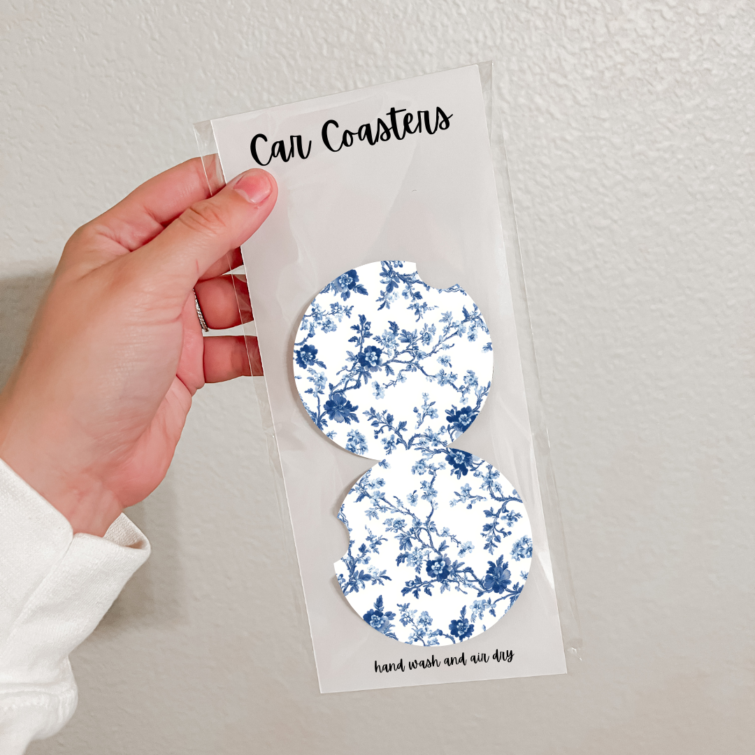 Set of 2 Neoprene Car Coasters | Blue Florals (20 Options)