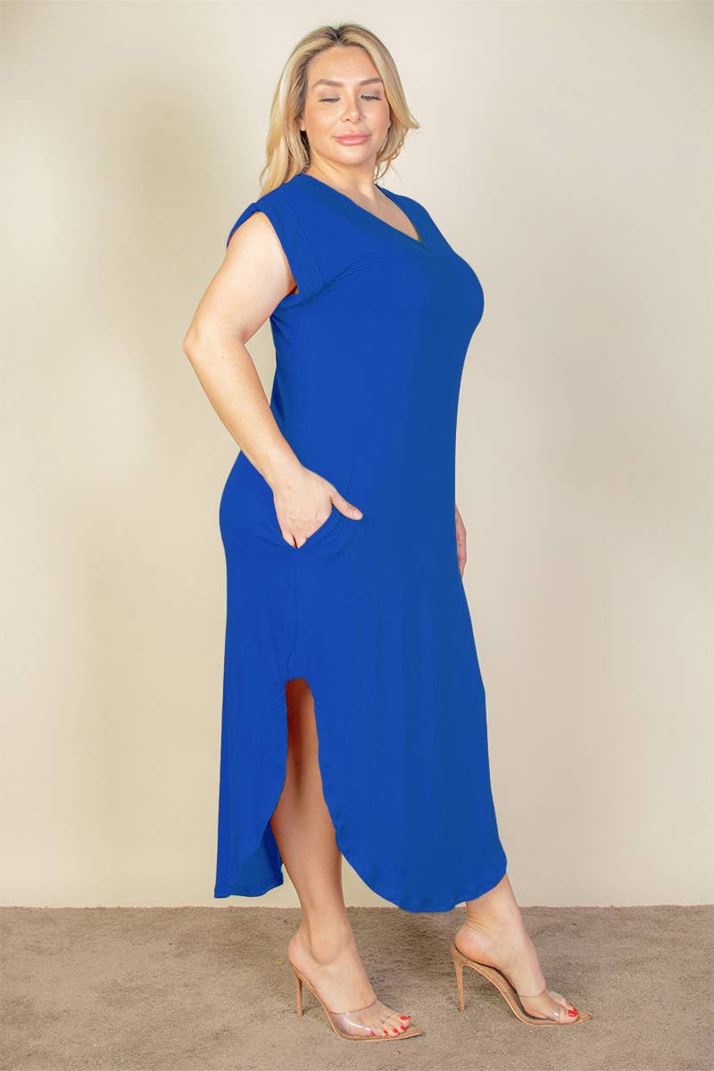 Plus Size Hidden Pocket Batwing Sleeve V Neck Long Dress: BLACK / 1X