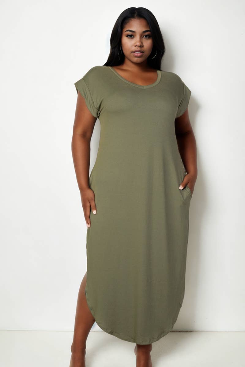 Plus Size Hidden Pocket Batwing Sleeve V Neck Long Dress: BLACK / 1X