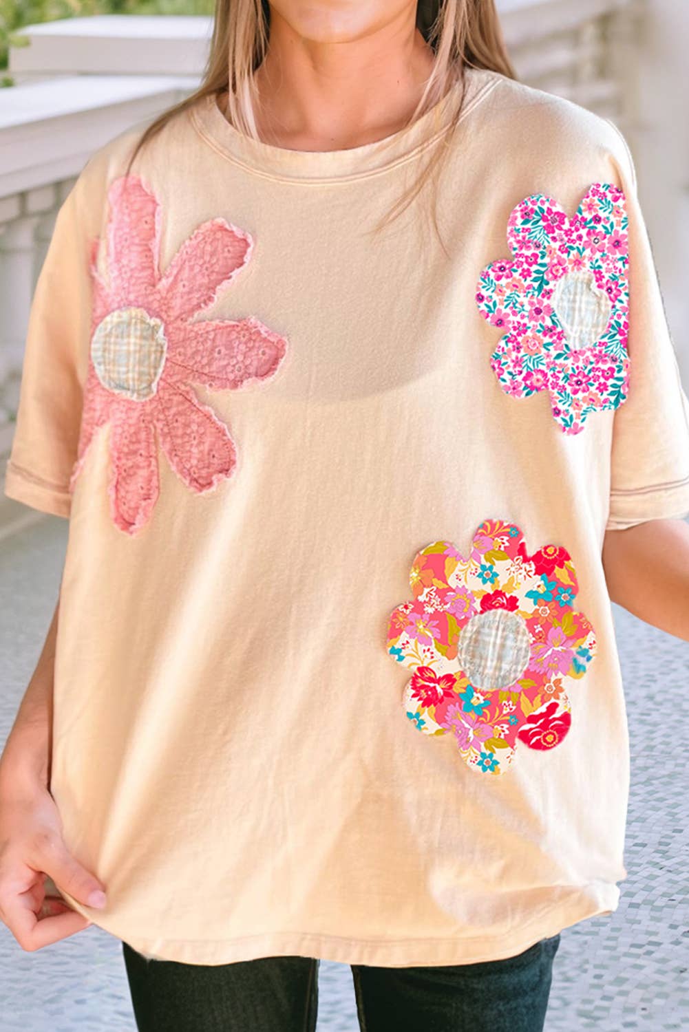 LDC Flower Patched Exposed Trim Crew Neck Loose Tee