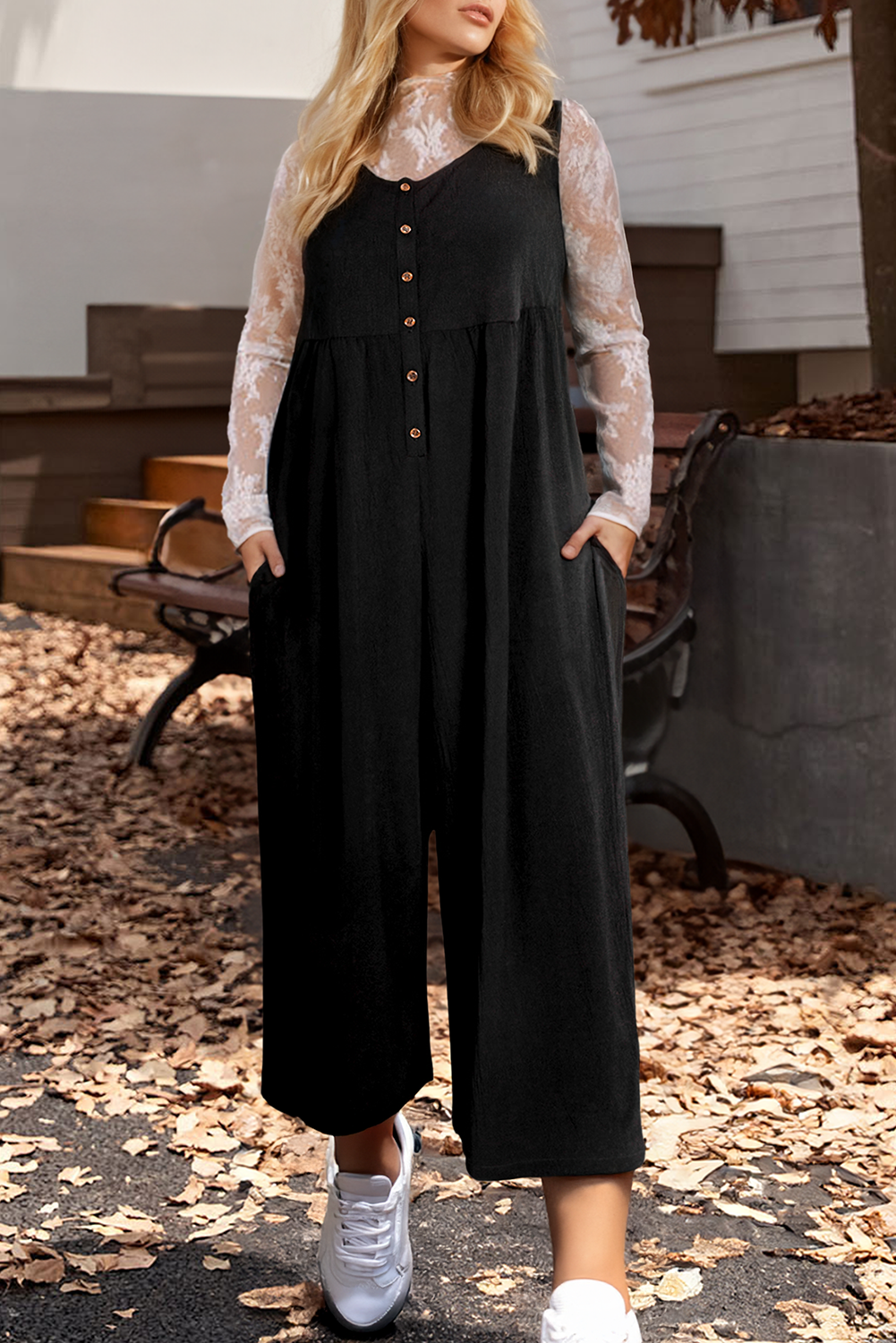 Plus Size Sleeveless Button Front Loose Jumpsuit