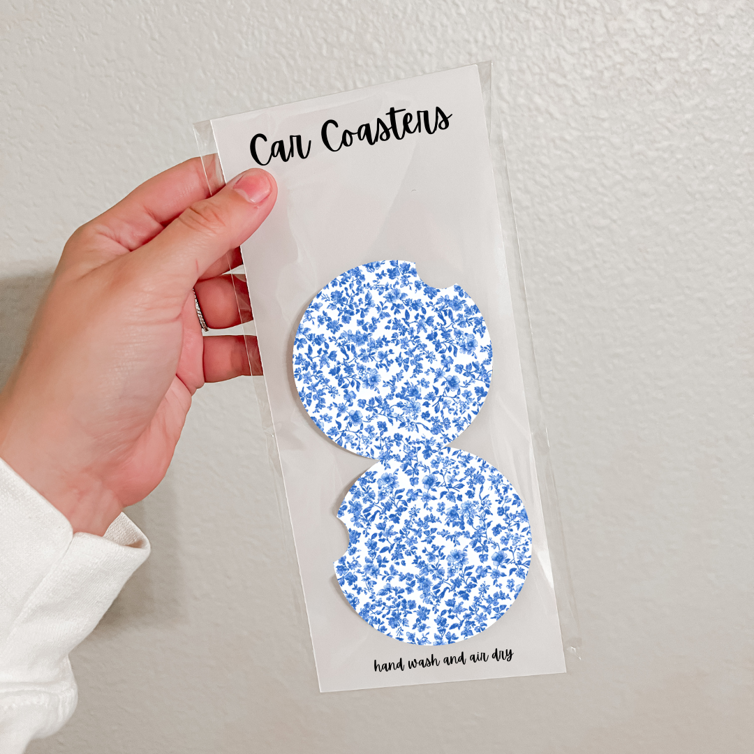 Set of 2 Neoprene Car Coasters | Blue Florals (20 Options)