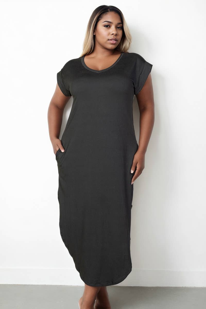Plus Size Hidden Pocket Batwing Sleeve V Neck Long Dress: BLACK / 1X