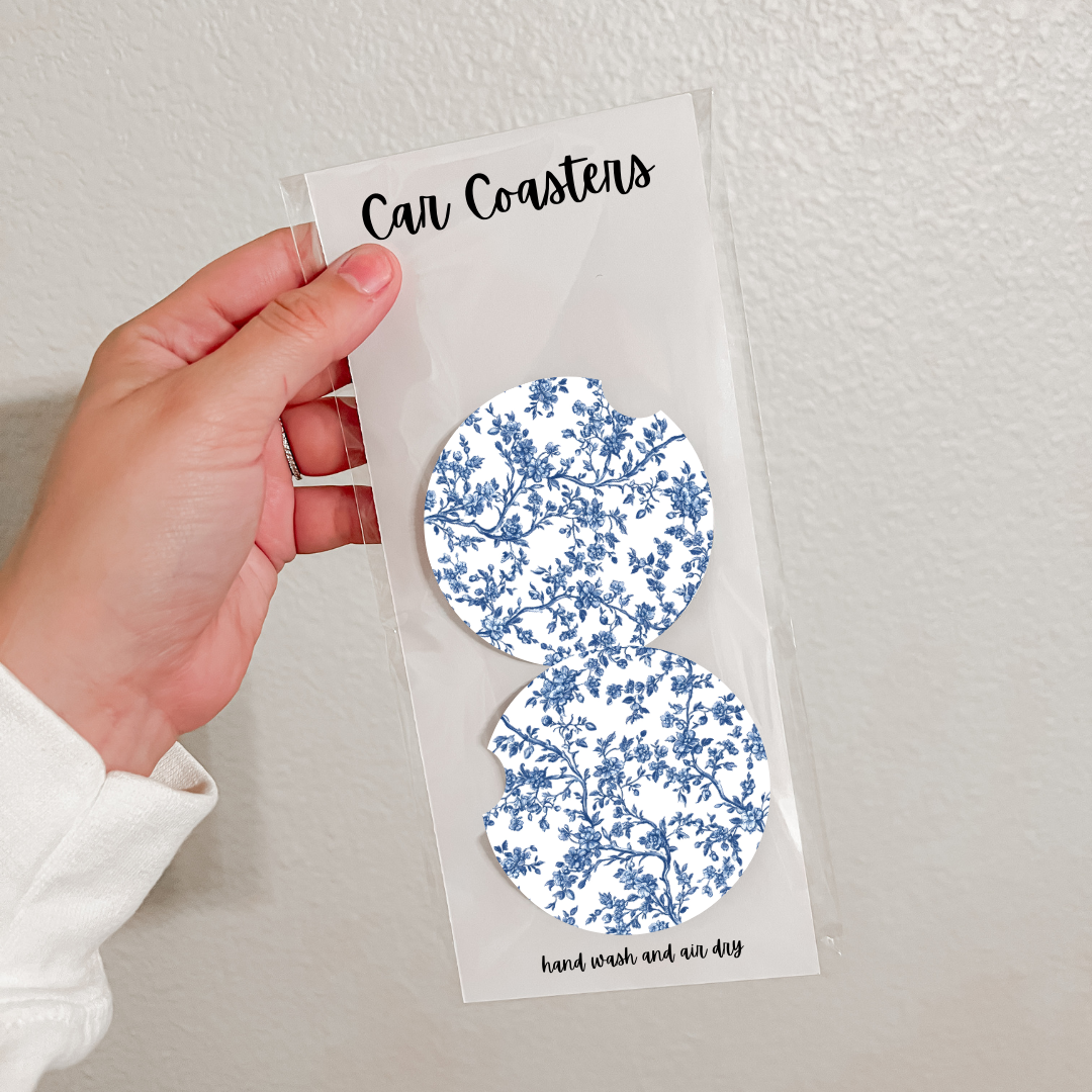 Set of 2 Neoprene Car Coasters | Blue Florals (20 Options)