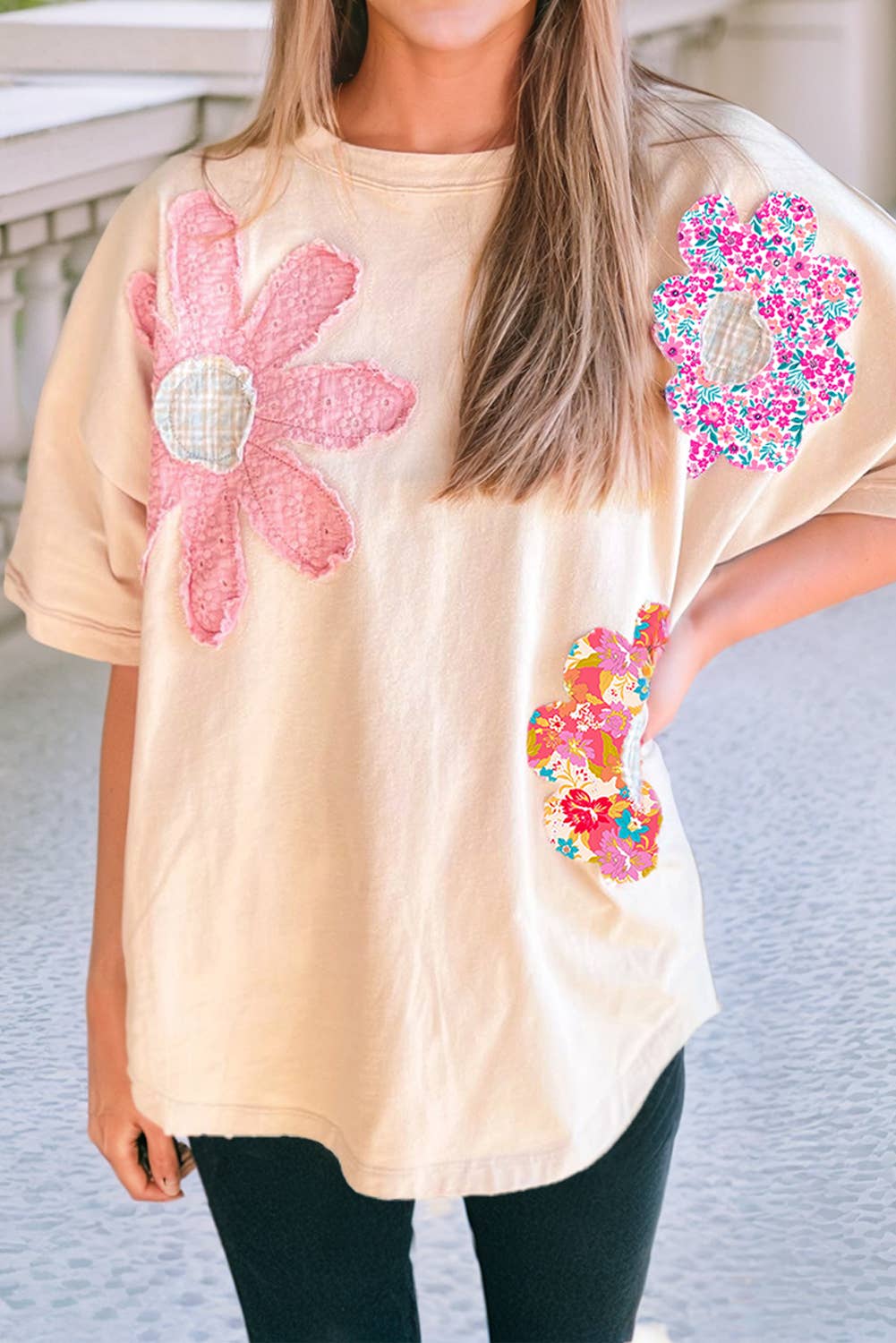 LDC Flower Patched Exposed Trim Crew Neck Loose Tee