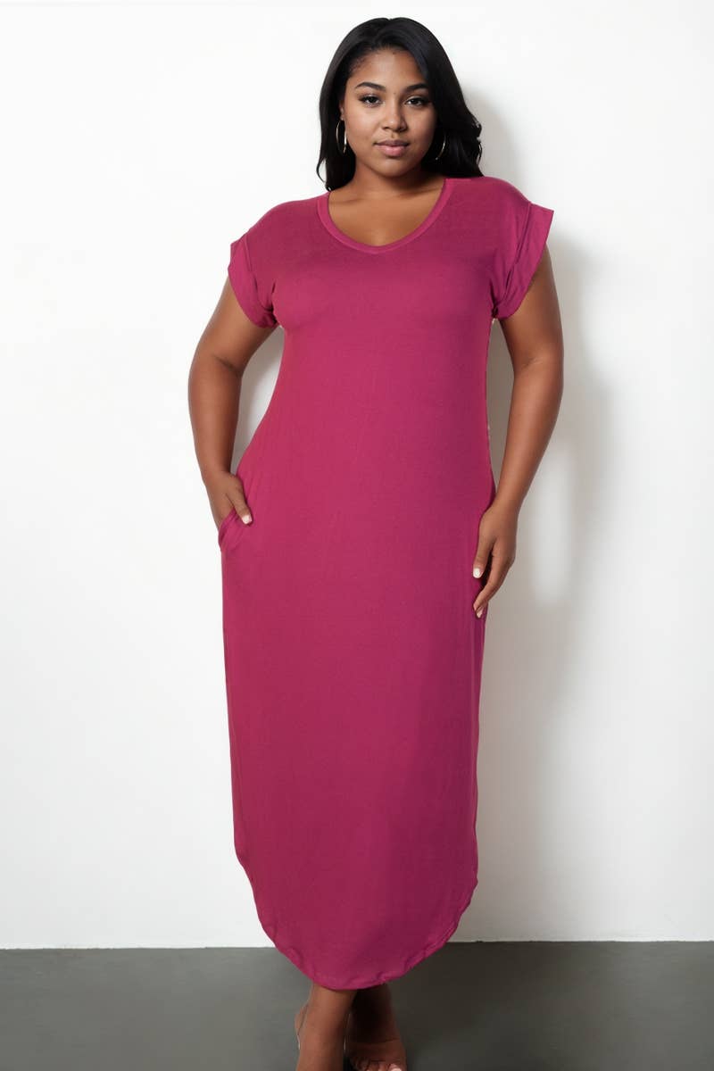 Plus Size Hidden Pocket Batwing Sleeve V Neck Long Dress: BLACK / 1X