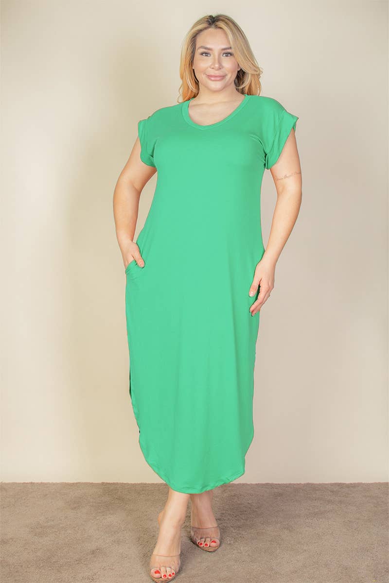 Plus Size Hidden Pocket Batwing Sleeve V Neck Long Dress: BLACK / 1X