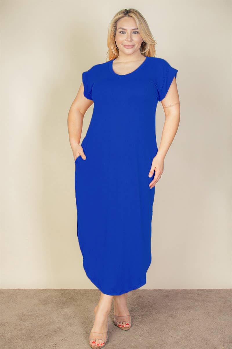 Plus Size Hidden Pocket Batwing Sleeve V Neck Long Dress: BLACK / 1X