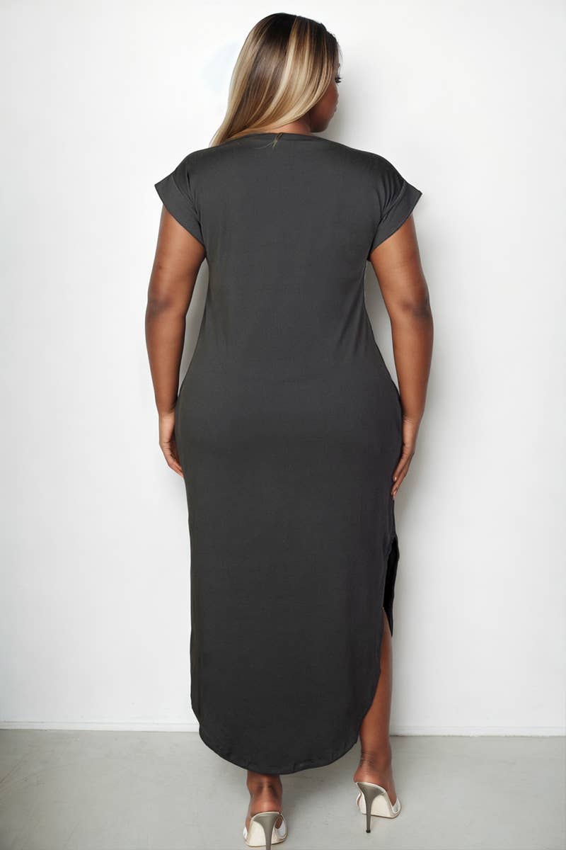 Plus Size Hidden Pocket Batwing Sleeve V Neck Long Dress: BLACK / 1X