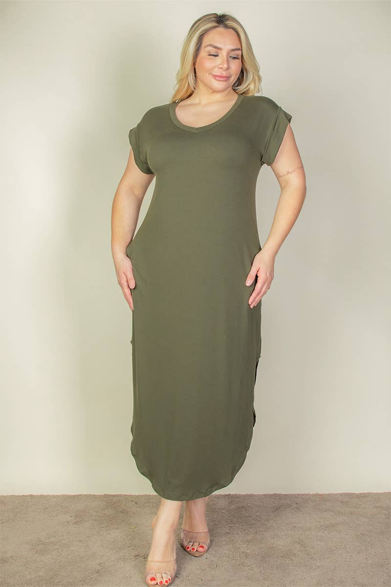 Plus Size Hidden Pocket Batwing Sleeve V Neck Long Dress: BLACK / 1X