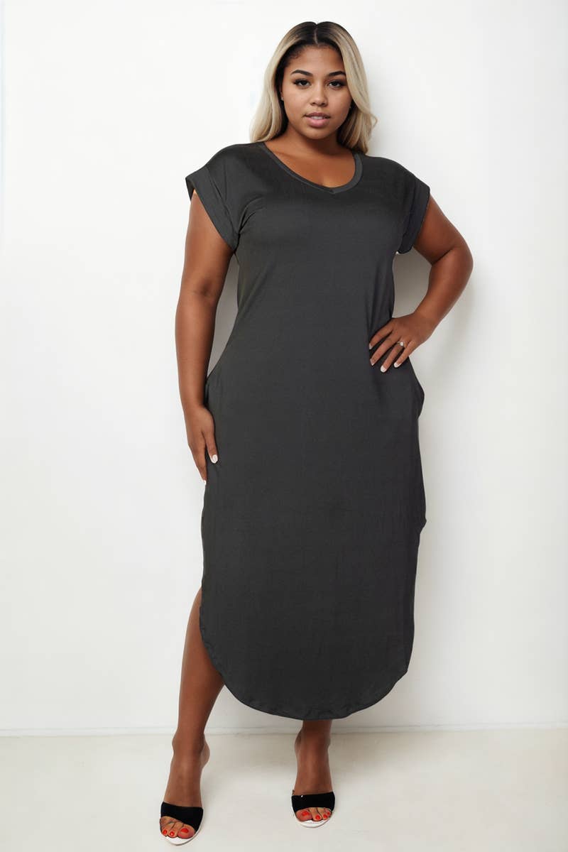 Plus Size Hidden Pocket Batwing Sleeve V Neck Long Dress: BLACK / 1X