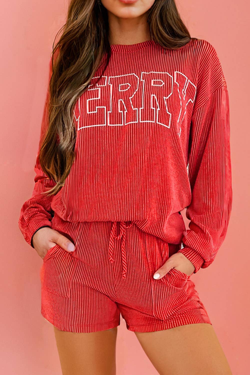 MERRY Ribbed Knit Long Sleeve Top and Shorts Set (3x or 4X): Red
