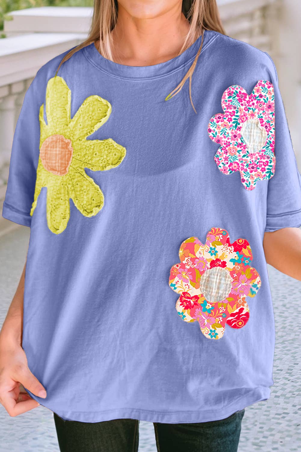 LDC Flower Patched Exposed Trim Crew Neck Loose Tee