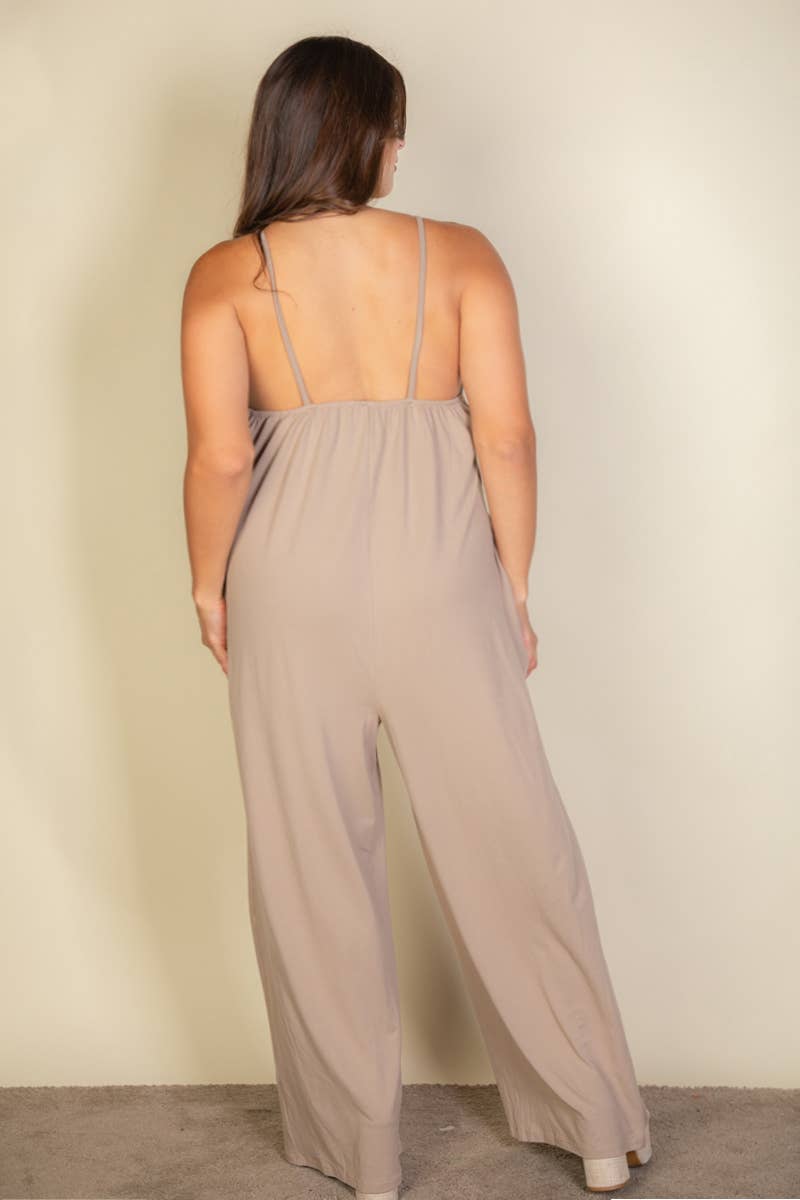 Plus Spaghetti strap solid wide jumpsuit: Olive / 3X