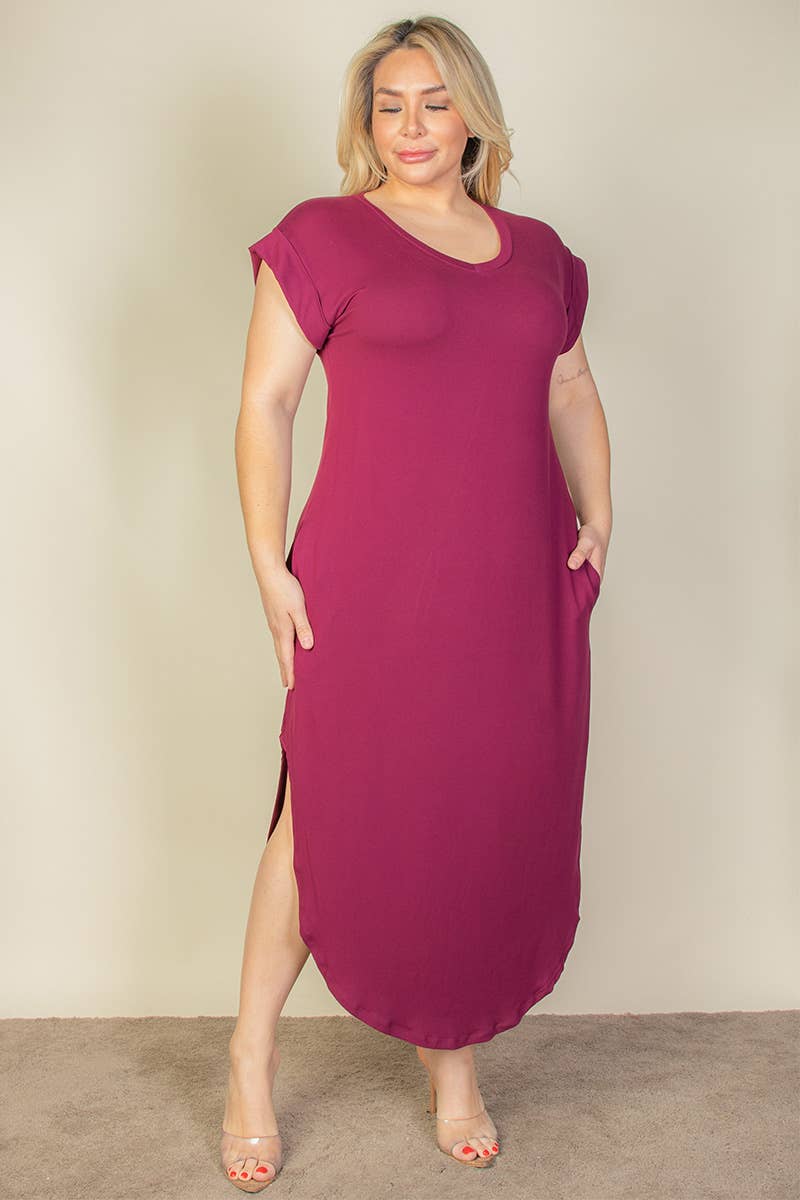 Plus Size Hidden Pocket Batwing Sleeve V Neck Long Dress: BLACK / 1X