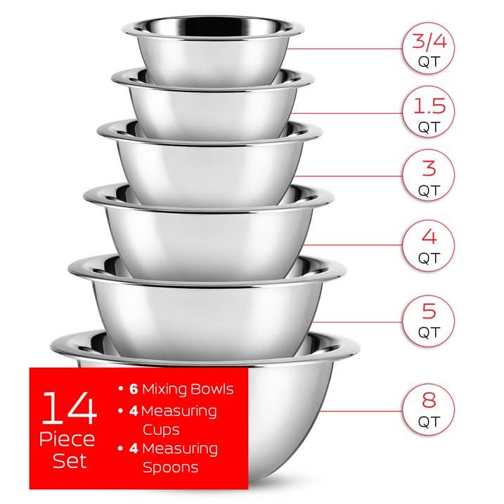 Premium Stainless Steel 6pc Mixing Bowls/Measuring Cups: Mixing Bowls