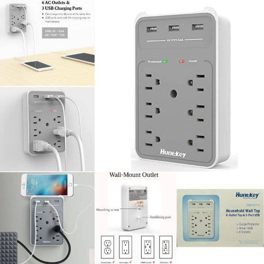 Huntkey Home - Electrical Wall Tap - 6Outlets and 3USB Taps