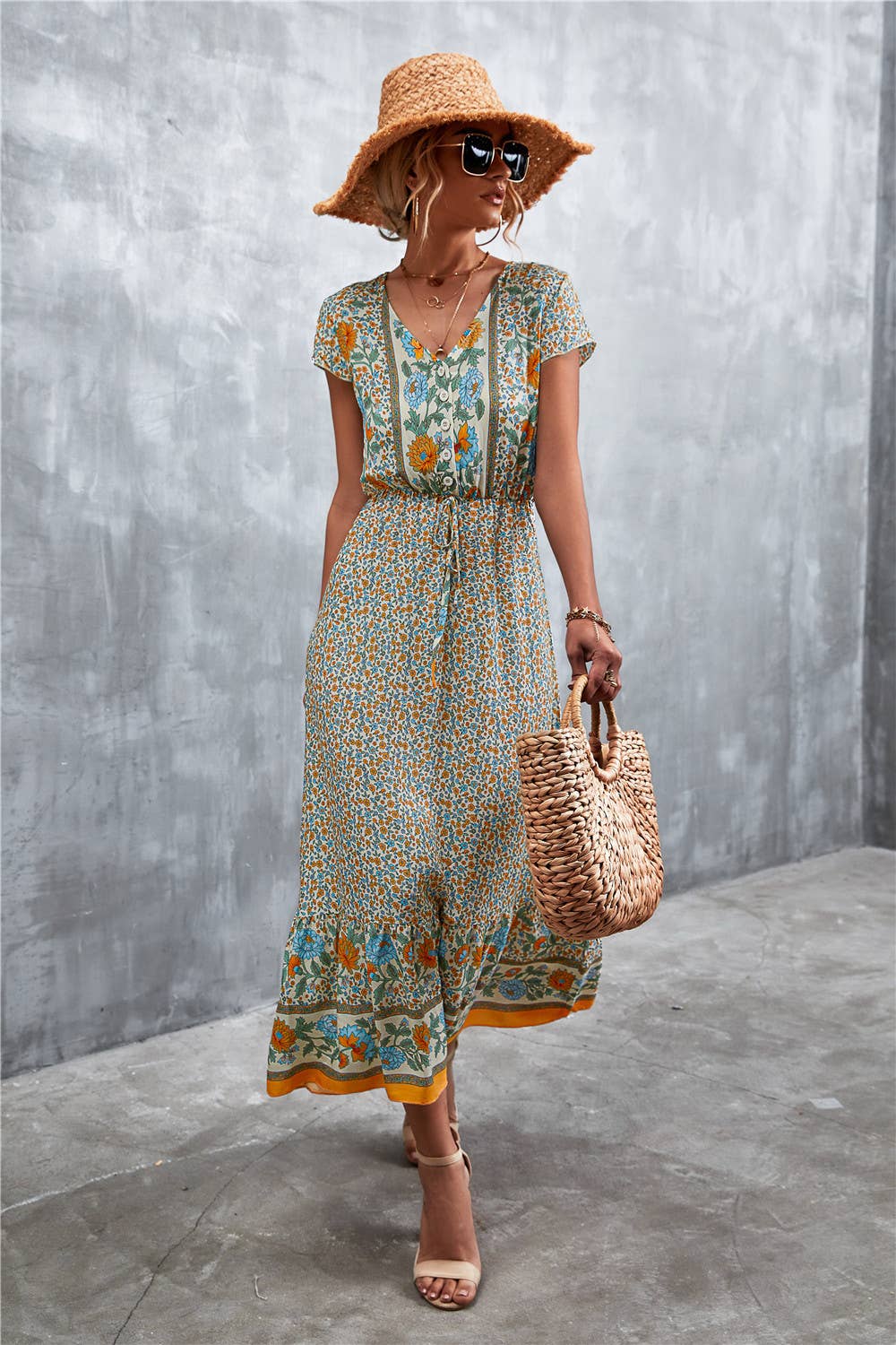 Women's Summer Floral Print Dress V Neck Short Sleeve: Apricot / English /