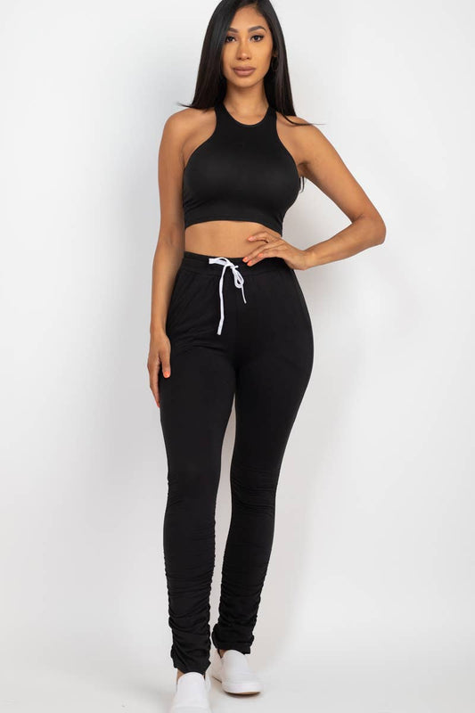 Crop Top & Ruched Pants Set: S / Black