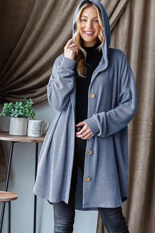 EJ6401-32 LONG SLEEVE HOOD SOLID URBAN RIBBED CARDIGAN: CHARCOAL / 2-2-2 (1X-2X-3X)