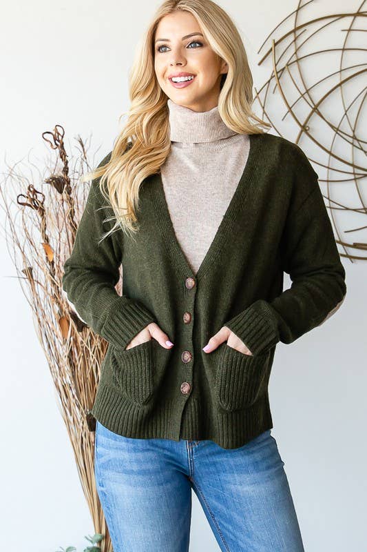 LVY326 LONG SLEEVE V NECK BUTTON DOWN CARDIGAN: OLIVE / 4-2 (1X/2X-2X/3X)