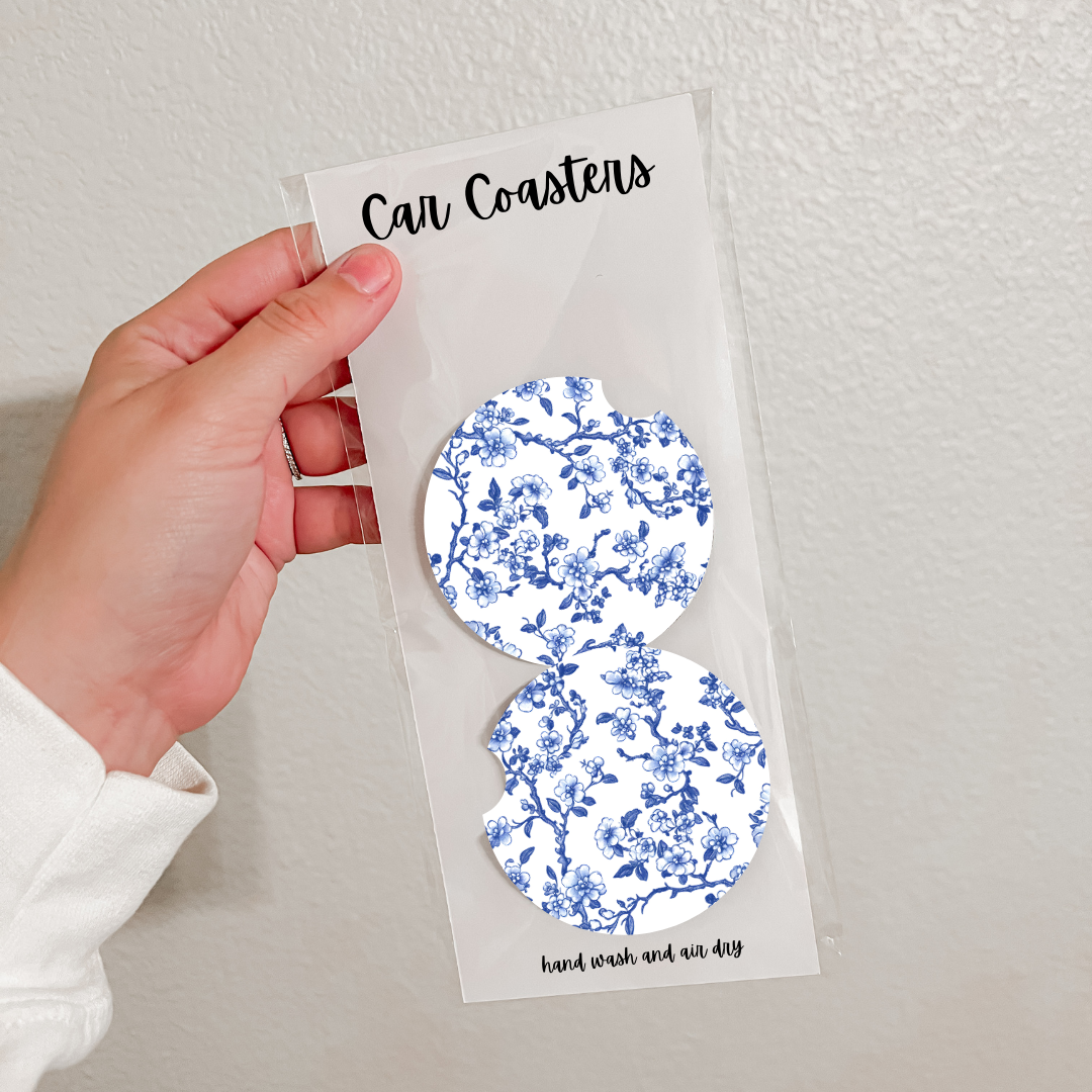 Set of 2 Neoprene Car Coasters | Blue Florals (20 Options)