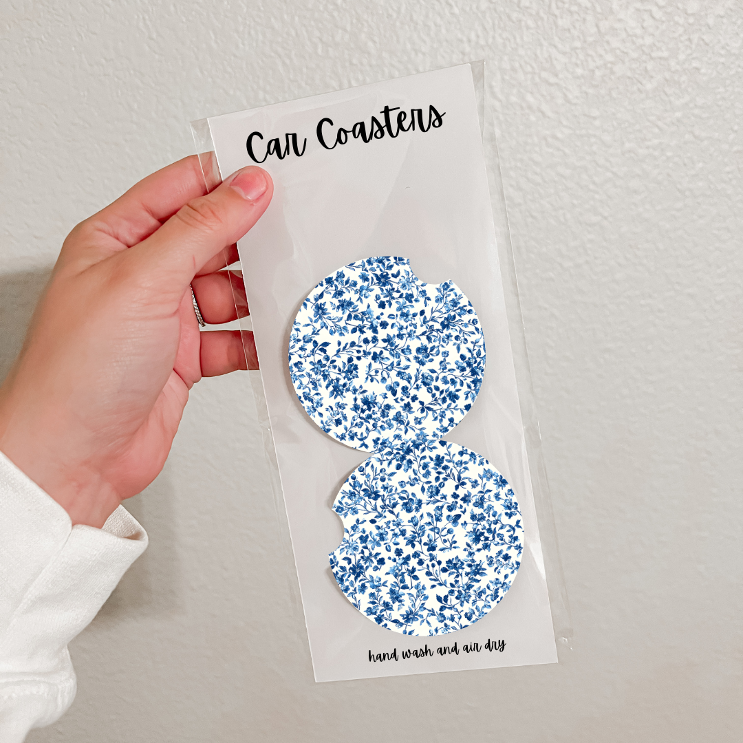 Set of 2 Neoprene Car Coasters | Blue Florals (20 Options)