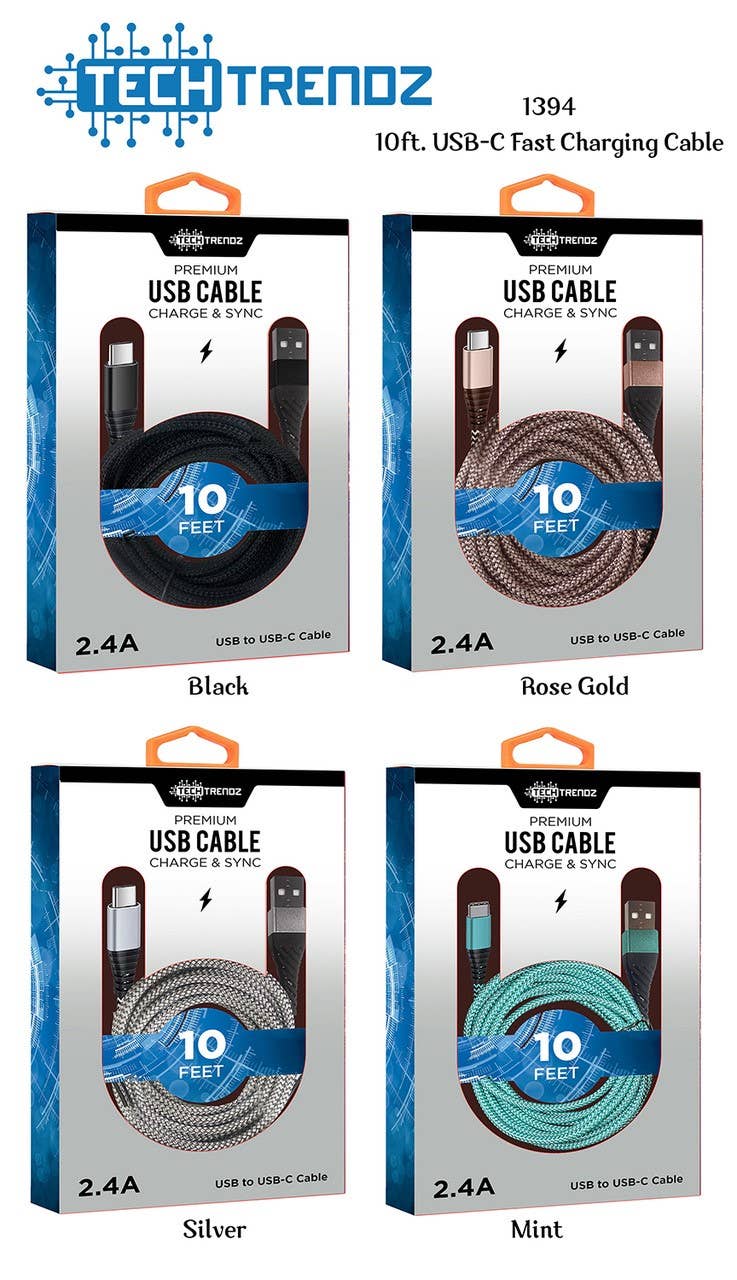 10ft. Type C Fast Charging Cable: Black