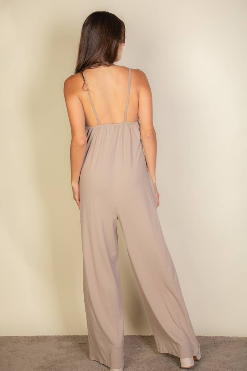 Spaghetti strap solid wide jumpsuit: Olive / L