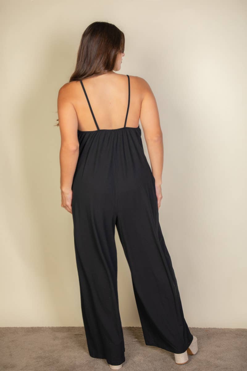 Plus Spaghetti strap solid wide jumpsuit: Black / 3X