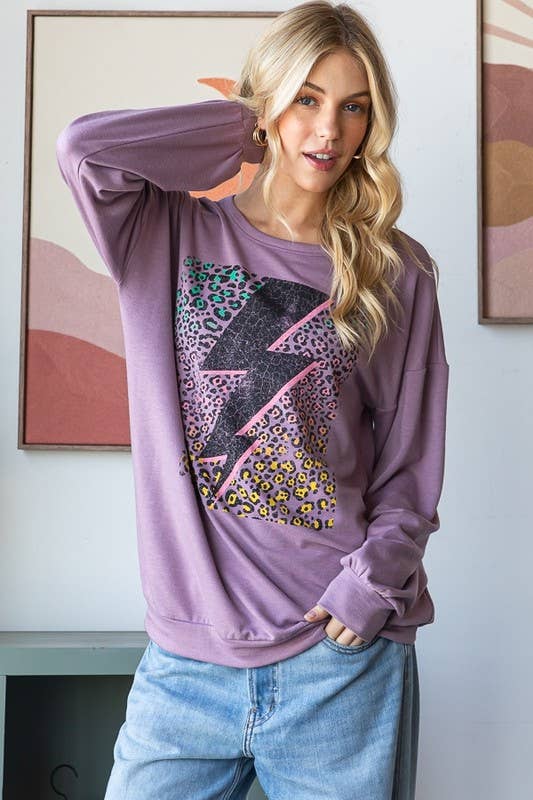 ET7431-14 LONG PUFF SLEEVE SOLID LIGHTNING PRINT TOP: LAVENDER  (S-M-L)