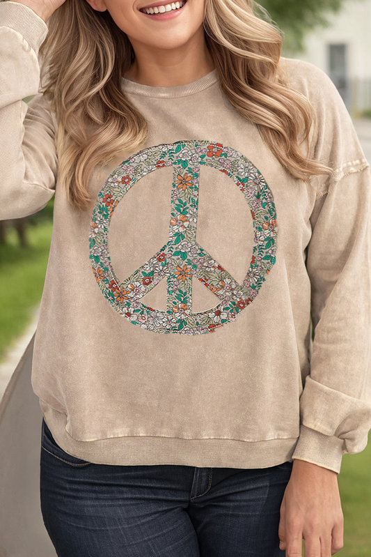 Floral Peace Sign Graphic Washed Terry Plus Size Sweatshirt: Beige / Plus Size / 4X