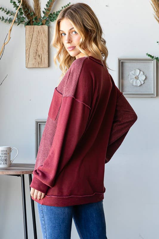 ET7663-11 LONG PUFF SLEEVE SOLID REVERSE CONTRAST TOP: RUBY (S-M-L)