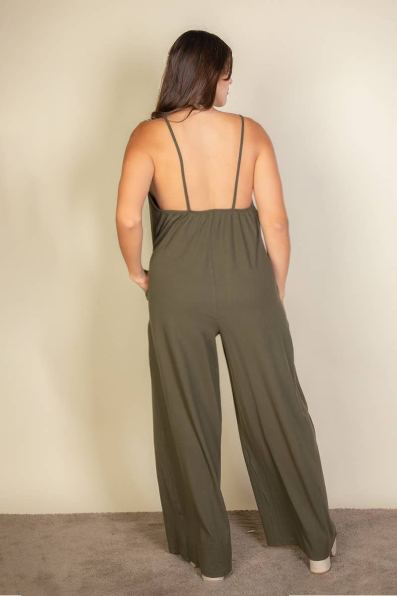 Plus Spaghetti strap solid wide jumpsuit: Olive / 1X