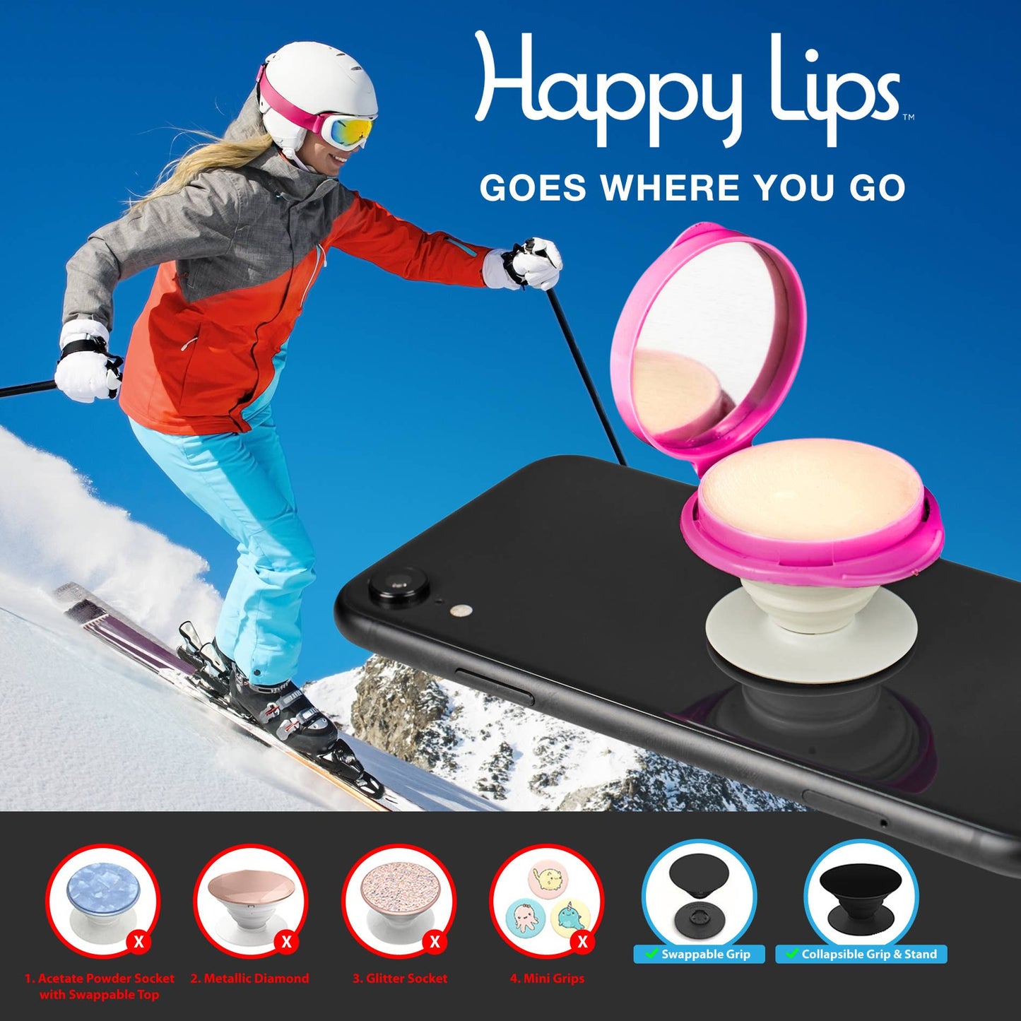 Happy Lips –Lip Balm w/Mirror, Attach Anywhere! Watermelon