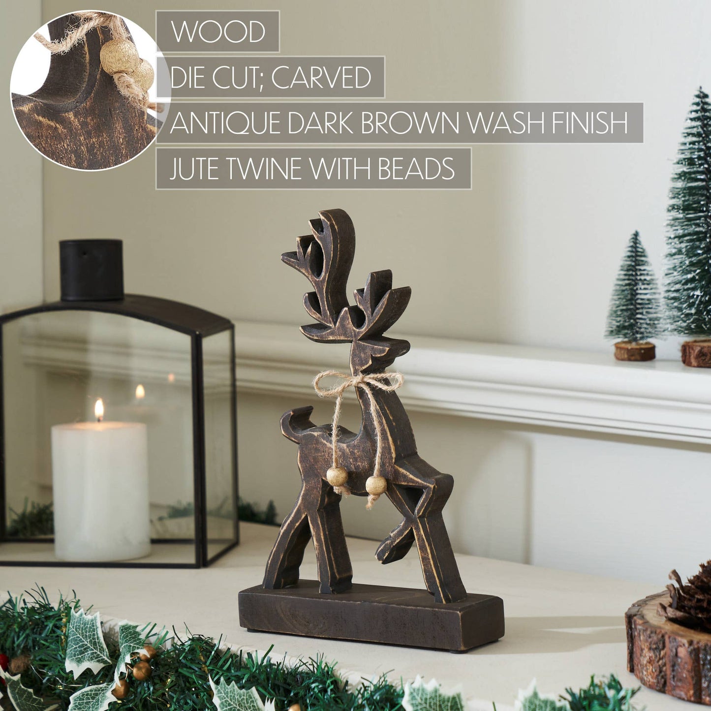 Woodland Winter Dark Wooden Reindeer 11x7x2
