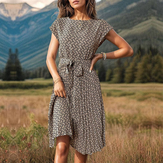 Women's Fashion Printed Pleated Dress: Khaki / L