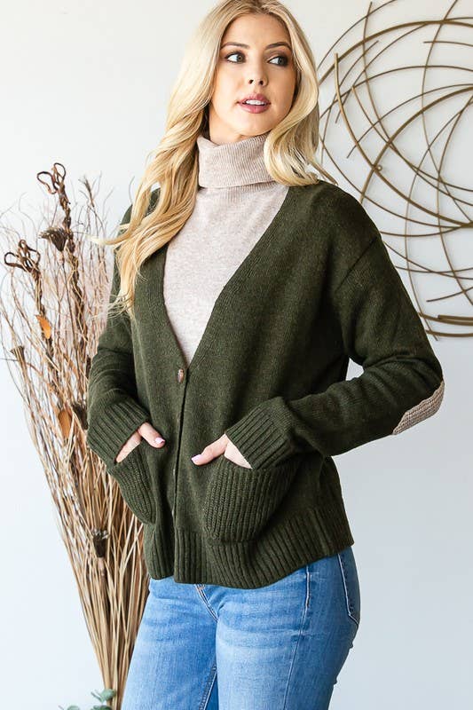 LVY326 LONG SLEEVE V NECK BUTTON DOWN CARDIGAN: OLIVE / 4-2 (1X/2X-2X/3X)