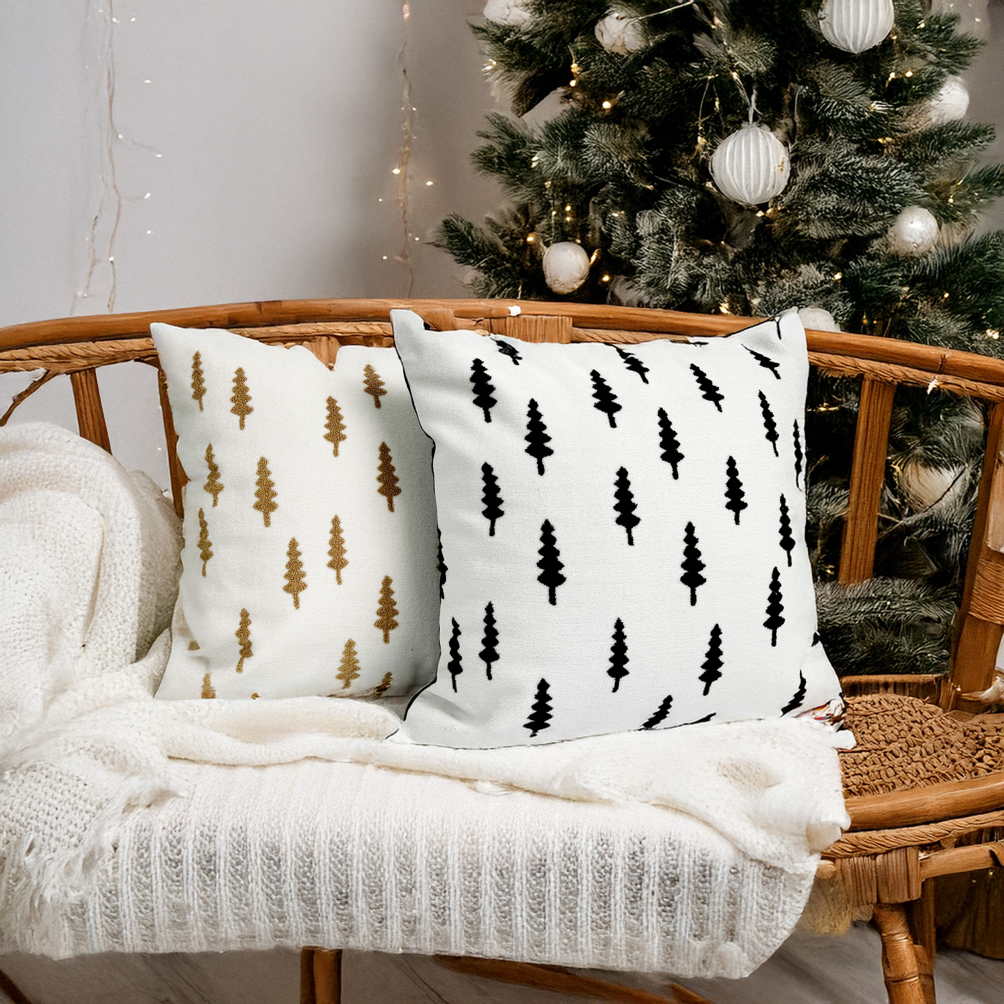 Cozy Pine Tree Throw Pillow, Black (18" x 18" / 45 x 45 cm)