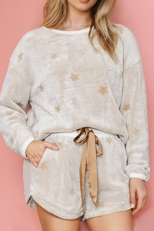 Plush Star Pattern Winter Fleece Loungewear White / Missy S-L